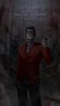  1boy absurdres black_hair black_pants blood blood_on_clothes blood_on_face blood_on_hand character_name commentary_request detonator english_text evil_smile facial_hair fake_lupin_(zenigata_to_futari_no_rupan) formal_clothes grey_eyes hand_in_pocket highres holding holding_detonator jacket layered_clothes long_sideburns long_sleeves looking_at_viewer lupin_iii male_focus necktie outdoors pants parted_lips raining_blood red_jacket short_hair sideburns signature skman0413 smile smoke solo standing white_necktie zenigata_to_futari_no_rupan 