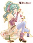  1girl alternate_legwear bare_shoulders belt blue_eyes blue_thighhighs boots breasts candy commentary_request detached_sleeves dress earrings fanta final_fantasy final_fantasy_vi food full_body green_hair hair_ribbon holding jewelry long_hair looking_at_viewer mog_(ff6) panties pantyshot parted_bangs ponytail red_dress red_sleeves ribbon sideboob sitting smile socha strapless strapless_dress striped_clothes striped_panties terra_branford thighhighs tube_dress underwear white_background 