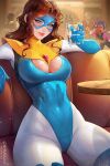  4girls alcohol alternate_hair_color amulet angry artist_logo artist_name bar_(place) blonde_blazer blonde_hair blue_boots blue_eyes blue_gloves blue_leotard blue_mask blush bodysuit boots breasts brown_hair cape chibi cleavage cleavage_cutout close-up closed_mouth clothing_cutout commentary cowboy_shot cup curtained_hair curvy dispatch domino_mask drinking_glass drunk english_commentary english_text eye_mask facing_away gem gloves hand_up heart high_collar highres holding holding_cup indoors invisigal_(dispatch) large_breasts latex latex_bodysuit latex_gloves latex_leotard leotard leotard_over_bodysuit logo long_eyelashes long_hair long_sleeves looking_at_viewer malevola_(dispatch) mask multiple_girls narrow_waist outstretched_arms parted_bangs prywinko red_gem shouting sitting skin_tight smile sparkle sparkling_aura speech_bubble spread_arms striped_blush superhero_costume table talking teeth thick_thighs thigh_boots thighs wavy_hair wet white_bodysuit white_sleeves wide_hips yellow_cape 