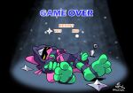 3_toes amphibian feet female foot_focus frog game_over gameplay_mechanics hi_res innerkero keroberry1 lying lying_on_ground natsuko_(keroberry1) on_ground paws solo toes unconscious