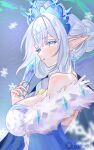  1girl absurdres anastasya_feodorovna_snezhnaya blue_eyes blue_hat breasts commentary cross cross_earrings crystal crystal_shards detached_sleeves dress earrings genshin_impact hat highres holding holding_crystal jewelry kogggotok large_breasts long_hair pointy_ears snowflakes snowing solo twitter_username white_dress 