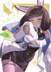  1girl absurdres animal_ears arknights bare_shoulders black_necktie blunt_bangs breasts brown_hair cat_ears cat_girl cat_tail caution_tape chinese_commentary commentary_request cowboy_shot dark-skinned_female dark_skin flower hand_up highres jacket lily_(flower) looking_at_viewer necktie paw_print simple_background sleeves_past_fingers sleeves_past_wrists solo tail thigh_strap titi_(arknights) yellow_background yellow_eyes yiqi 