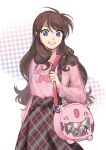  1girl ahoge alternate_costume bag been_(skgnsn793990096) blue_eyes braviary brown_hair commentary_request dress handbag highres hilbert_(pokemon) hilda_(pokemon) itabag long_hair long_sleeves munna musharna pink_bag pink_dress plaid_clothes plaid_skirt pleated_skirt pokemon pokemon_(creature) pokemon_adventures serperior skirt smile stuffed_animal stuffed_toy tepig wavy_hair 