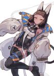  1girl :3 absurdres animal_ears arknights bare_shoulders black_shoes black_thighhighs blunt_bangs breasts brown_hair cat_ears cat_girl cat_tail caution_tape chinese_commentary commentary_request dark-skinned_female dark_skin foot_out_of_frame highres infection_monitor_(arknights) jacket long_hair looking_at_viewer shoes simple_background sleeves_past_fingers sleeves_past_wrists smile solo standing standing_on_one_leg tail thighhighs titi_(arknights) toqin_(munm2577) white_background yellow_eyes 