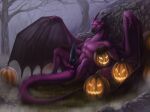  deanosaior dragon erection feral fog food fruit genitals halloween hi_res holidays horn jack-o&#039;-lantern knot male muddy_maestro outside penis plant pumpkin purple_body rock scalie solo tree western_dragon 