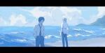  2boys adachi_tooru closed_mouth cloud collared_shirt expressionless grey_hair hands_in_pockets highres letterboxed looking_ahead male_focus multiple_boys narukami_yu ocean outdoors pants persona persona_4 shirt shore short_hair standing tira_zhang white_shirt wrinkled_fabric 