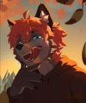 5_fingers anthro artist_name autumn biped black_body black_claws black_clothing black_ears black_fur black_nose bluble blue_eyes blush brown_body brown_clothing brown_fur brown_topwear bust_portrait canid canine canis cheek_tuft claws clothed clothed_male clothing countershading dated day detailed detailed_background digital_media_(artwork) domestic_dog dragon eyebrows facial_tuft fangs finger_claws fingers front_view fur glistening glistening_eyes grass grey_body grey_fur hair hi_res hoodie hybrid inner_ear_fluff leaf licking licking_lips licking_own_lips lips looking_at_viewer male male_anthro mammal multicolored_body multicolored_fur mythological_creature mythological_scalie mythology narrowed_eyes open_mouth open_smile orange_hair outside pink_hair pink_tongue plant portrait red_clothing red_hair red_hoodie red_tongue red_topwear scalie self_lick shaded short_hair signature simple_background sky smile smiling_at_viewer solo sunset teeth tem1tem text tongue tongue_out topwear tree tuft whiskers white_body white_inner_ear white_tuft
