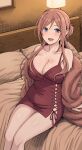  1girl :d absurdres bed breasts cleavage collarbone commentary_request dress gakuen_idolmaster highres himesaki_rinami idolmaster indoors knees lamp large_breasts looking_at_viewer on_bed open_mouth pencil_dress pillow prostitution red_dress smile solo spaghetti_strap takemasa thighs tongue 