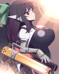  1girl arm_cannon bird_wings black_wings bow breasts brown_background chest_eye closed_mouth commentary from_side gero_zoukin green_bow hair_bow highres large_breasts mechanical_arms mechanical_ears mechanical_eyes reiuji_utsuho solo touhou untranslatable_commentary upper_body weapon wings 