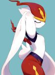  2020 absurd_res anthro blue_background breasts eyes_closed featureless_breasts female fluffy fluffy_tail fur gigantamax_cinderace gigantamax_pok&eacute;mon hi_res lagomorph leporid long_ears mammal minamo_(pixiv17726065) nintendo pok&eacute;mon pok&eacute;mon_(species) red_body red_eyes red_fur scut_tail shaded short_tail side_view simple_background small_breasts solo standing video_games white_body white_fur 