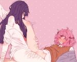  2girls bite_mark bite_mark_on_thigh bottomless bruise commentary doki_doki_literature_club dotted_background drooling english_commentary female_ejaculation hand_on_another's_thigh heart heart-shaped_pupils highres injury long_hair medium_hair multiple_girls natsuki_(doki_doki_literature_club) one_eye_closed orange_sweater_vest pink_background pink_eyes pink_hair pink_nails pockiseisont purple_eyes purple_hair scar self-harm_scar shirt sweater_vest symbol-shaped_pupils tribadism two_side_up white_shirt yuri yuri_(doki_doki_literature_club) 