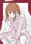  1boy angel_devil_(chainsaw_man) angel_wings apron arms_between_legs azm_e3 border chainsaw_man closed_mouth commentary_request crossdressing crossdressing_(mtf) frilled_apron frills hair_between_eyes halo highres jacket jersey_maid long_hair looking_at_viewer maid maid_apron male_focus male_maid outside_border pink_jacket red_border red_eyes short_hair simple_background sitting solo track_jacket traditional_halo unconventional_maid white_apron white_background white_wings wings zipper 