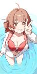  1girl absurdres ahoge aroon bikini bikini_under_clothes breasts brown_eyes brown_hair commentary_request front-tie_bikini_top front-tie_top gakuen_idolmaster grin hanami_ume highres idolmaster jacket jacket_over_swimsuit kimi_to_semi_blue_(idolmaster) large_breasts long_sleeves looking_at_viewer navel partially_unzipped red_bikini smile solo swimsuit teeth v water white_jacket 