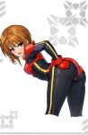  1girl ass bent_over black_bodysuit blue_eyes blush bodysuit breasts commentary_request cropped_legs from_behind gloves gundam gundam_zz highres huo_ji_wu looking_at_viewer looking_back mecha_pilot_suit neo_zeon normal_suit_(gundam) open_mouth orange_hair puru_two red_gloves science_fiction shiny_clothes short_hair sidelocks skin_tight small_breasts solo standing 