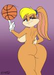 2019 absurd_res anthro ball basketball_(ball) blonde_hair breasts butt clothing dynamictrigger22 female fingers gloves hair handwear hi_res lagomorph leporid lola_bunny looking_back looney_tunes mammal nipples rabbit scut_tail short_tail solo warner_brothers white_clothing white_gloves white_handwear 