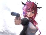  1girl absurdres advarcher black_jacket black_necktie blue_eyes blush breasts closed_mouth collared_shirt commentary firing firing_at_viewer gun halo handgun heterochromia highres holding holding_gun holding_weapon hololive hololive_english horns irys_(hololive) jacket long_hair long_pointy_ears medium_breasts multicolored_hair necktie open_clothes open_jacket parted_lips pointy_ears purple_eyes purple_hair red_hair shirt simple_background smile smoke smoking_barrel solo suppressor upper_body virtual_youtuber walther_ppk weapon white_shirt 