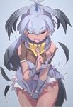  1girl arm_wrap bird_girl bird_tail bird_wings breasts commentary_request covering_crotch covering_privates dark-skinned_female dark_skin exploding_clothes fishnet_top fishnets grey_hair grey_kimono grey_scarf groin hair_between_eyes head_wings highres japanese_clothes kemono_friends kemono_friends_3 kimono kuji-in large_breasts long_hair looking_at_viewer lowlandgorilla multicolored_hair ninja no_panties official_alternate_skin_color one_eye_closed scarf shoebill_(ex)_(kemono_friends) shoebill_(kemono_friends) short_kimono solo tail tearing_clothes torn_clothes two-tone_scarf very_long_hair wings yellow_scarf 