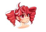  1girl bare_shoulders commentary confused cowlick english_commentary hair_behind_ear highres kasane_teto looking_at_viewer parted_lips raised_eyebrow red_eyes red_hair simple_background solo stann_co twintails utau white_background 