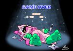 3_toes amphibian anthro feet female foot_focus frog game_over gameplay_mechanics hi_res innerkero keroberry1 lying lying_on_ground natsuko_(keroberry1) on_ground paws solo toes unconscious