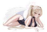  absurdres angel_wings black_one-piece_swimsuit blonde_hair blue_archive breasts chain chain_necklace cleavage closed_mouth commentary_request ein_tiger feathered_wings full_body halo head_rest highres jewelry korean_commentary large_breasts low_wings lying nagisa_(blue_archive) nagisa_(swimsuit)_(blue_archive) necklace official_alternate_costume official_alternate_hairstyle on_side one-piece_swimsuit pink_halo simple_background smile swimsuit thighs white_background white_wings wings yellow_eyes 