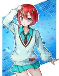  1girl absurdres amate_yuzuriha aqua_eyes aqua_shirt aqua_skirt closed_mouth collarbone collared_shirt commentary cowboy_shot diagonal-striped_clothes diagonal-striped_necktie eyelashes gundam gundam_gquuuuuux hand_on_own_head highres long_sleeves necktie outline red_hair red_necktie shirt short_hair skirt solo striped_clothes striped_necktie sweater tsukasa_ushio two-tone_necktie watermark white_outline white_sweater 