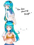  ... 1girl :/ animal_print arms_behind_back bikini blue_hair blue_sailor_collar blue_skirt breasts closed_mouth clothes_lift commentary_request cone_horns cropped_legs english_text floating_hair highres horns itou_kazuki large_breasts lifting_own_clothes long_hair looking_at_viewer lum meme navel necktie oni pointy_ears sailor_collar school_uniform shirt shirt_lift short_sleeves skirt small_horns smile strapless strapless_bikini swimsuit tiger_print tiger_print_bikini turning_head urusei_yatsura white_shirt yellow_bikini yellow_eyes yellow_horns yellow_necktie your_bra_strap_is_showing_(meme) 