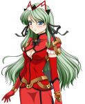  1girl 2000s_(style) blue_eyes blush bow bracelet breasts cleavage cleavage_cutout clothing_cutout dress elbow_gloves elixir_rose game_asset gloves green_hair hair_ribbon headdress jewelry kagashima_itsuki large_variant_set long_hair magical_girl mahou_senshi_(series) mahou_senshi_elixir_knights medium_breasts non-web_source official_art parted_lips ribbon saitou_natsuki self-datamine simple_background solo tachi-e transparent_background variant_set 