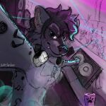1:1 2026 anthro artist_name beverage black_body black_fur black_hair cable canid canine digital_media_(artwork) disc_jockey electronics eyebrows fangs fur group hair headphones hi_res inner_ear_fluff laser looking_at_viewer male mammal musical_note musical_symbol nanethedeer nipples rave selfie speaker stage standing symbol teeth text tuft