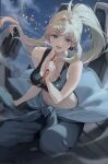  1girl bare_arms bare_shoulders black_bra blonde_hair blue_eyes blue_jacket blue_pants bra breasts clothes_around_waist commentary_request floating_hair hair_intakes highres holding jacket large_breasts long_hair looking_at_viewer macross macross_frontier macross_frontier:_sayonara_no_tsubasa midnamana on_mecha open_mouth pants ponytail sheryl_nome smile smoke solo sparks underwear very_long_hair 