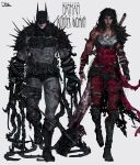  1boy 1girl absolute_batman absolute_dc absolute_wonder_woman absurdres amazon_warrior arm_wrap axe back_spikes bat_mask batman batman_(absolute_dc) batman_(series) batman_symbol battle_axe belt black_cape bodysuit cape cowl dc_comics grey_bodysuit highres lifting_object multicolored_bodysuit multicolored_suit red_tattoo rxzarx superhero_costume tattoo tattoo_sleeve taut_bodysuit taut_clothes two-tone_bodysuit two-tone_suit utility_belt weapon wonder_woman wonder_woman_(absolute_dc) wonder_woman_(series) 
