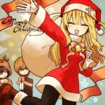  1girl 2boys :d amane_misa animal_costume antlers arm_up bell black_hair black_pantyhose blonde_hair boots bow capelet christmas closed_eyes closed_mouth commentary death_note dress fake_antlers fur-trimmed_boots fur-trimmed_dress fur-trimmed_headwear fur_trim gloves hair_between_eyes hat holding holding_sack hood horns jitome ka_(996beshi) l_(death_note) large_variant_set long_hair long_sleeves lowres merry_christmas multiple_boys neck_bell open_mouth outstretched_arm pantyhose pom_pom_(clothes) red_dress reindeer_antlers reindeer_costume ribbon sack santa_costume santa_dress santa_hat short_hair smile star_(symbol) turtleneck two_side_up variant_set white_gloves yagami_light 