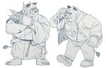  2021 absurd_res anthro biped bodily_fluids bottomwear clothing duo eyewear food glasses hi_res humanoid_hands huynhduyad14 kemono male mammal overweight overweight_male pants shirt simple_background suid suina sus_(pig) sweat topwear white_background wild_boar 