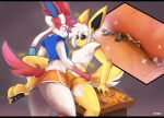  2021 absurd_res anthro anthrofied black_bars blush bottomwear bulge bulge_frottage clothing digital_media_(artwork) duo eeveelution female fur furniture girly hi_res its-holt jolteon macro male male/male micro nintendo orange_clothing pok&eacute;mon pok&eacute;mon_(species) shaded shorts smile spread_legs spreading sylveon table video_games 