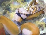  anthro big_breasts blue_eyes bottomwear breasts brown_nose canid canine cleavage clothed clothing day digital_drawing_(artwork) digital_media_(artwork) english_text eyelashes female fox fur hair hands_behind_head hi_res huge_breasts inner_ear_fluff juliathedragoncat looking_at_viewer lying mammal on_back orange_body orange_fur outside pose seoxys_(seoxys) shorts smile solo text tuft white_body white_fur white_hair white_tail_tip 