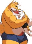  &lt;3 2021 absurd_res anthro blood blush bodily_fluids bulge canid canine canis clothing domestic_dog duo embrace hi_res hug male male/male mammal nosebleed overweight overweight_male simple_background size_difference underwear vitashi white_background yellow_body 