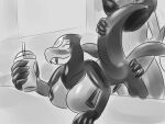  4:3 ambiguous_penetration anthro beverage big_breasts blush breasts claws doggystyle duo fangs female from_behind_position furniture greyscale hand_on_butt hand_on_tail hi_res hybrid male male/female monochrome nintendo non-mammal_breasts on_table penetration pok&eacute;mon pok&eacute;mon_(species) salazzle scalie seviper sex slurpee sulfur table tetsushi video_games zoroark 