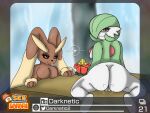  4:3 absurd_res anthro biped black_sclera breasts brown_body brown_fur butt duo female flower fur gardevoir genitals green_body green_skin half-closed_eyes hi_res lagomorph leporid looking_at_viewer looking_back lopunny mammal narrowed_eyes nature nineka nintendo nippleless outside photo picture_frame plant pok&eacute;mon pok&eacute;mon_(species) pok&eacute;mon_snap presenting presenting_hindquarters pussy rabbit red_eyes rock text video_games waterfall white_body white_skin 