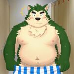  1:1 2021 anthro belly black_nose blush canid canine canis clothing domestic_dog green_body hi_res humanoid_hands kemono lifewonders live-a-hero locker_room male mammal mokdai moobs navel nipples overweight overweight_male solo underwear video_games yaki_atsuage 