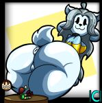  anthro anus breasts butt canid canine chara_(undertale) clothed clothing felid feline female fur genitals hair iclankeri mammal pussy simple_background tem temmie_(undertale) text topwear undertale undertale_(series) video_games white_body white_fur young 