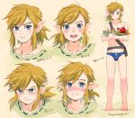  2017 apple blue_eyes blue_speedo blush brown_hair bulge fish food hair holding_food holding_object humanoid humanoid_pointy_ears hylian japanese_text link male marine nintendo not_furry solo text the_legend_of_zelda torajimaneko translation_check translation_request video_games 