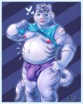  2021 4:5 absurd_res anthro balls barazoku belly big_belly big_bulge bottomwear briefs bulge chest_tuft clothed clothing clothing_lift clothing_pull colored digital_drawing_(artwork) digital_media_(artwork) ear_piercing eyebrows felid fur genitals hair hi_res justin_(disambiguation) looking_at_viewer male mammal moobs mostly_nude musclegut muscular muscular_anthro muscular_male navel nipples overweight overweight_male pantherine pecs piercing presenting shaded shirt shirt_lift shon_arts signature simple_background smile solo stripes tank_top thick_thighs tiger topwear tuft underwear whiskers white_body 