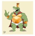  2019 3_toes 4_fingers anthro barefoot belly biceps big_belly biped border bottomwear briefs bulge cape claws clothed clothing crocodilian crown cuffs_(disambiguation) digital_media_(artwork) donkey_kong_(series) eyes_closed fangs feet finger_claws fingers front_view gem genericboxhead green_body green_scales grey_claws hi_res king king_k._rool kremling male musclegut navel nintendo open_mouth overweight overweight_anthro overweight_male pecs reptile royalty scales scalie shaded sharp_teeth signature simple_background skimpy smile snout solo standing swirls tan_background teeth teeth_showing tighty_whities toe_claws toes underwear video_games white_border white_briefs white_clothing white_underwear yellow_claws 