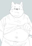  2021 anthro belly bodily_fluids bottomwear canid canine canis clothing cute_fangs domestic_dog fugashi4090 hi_res humanoid_hands kemono male mammal navel overweight overweight_male pants shirt simple_background solo sweat topwear 