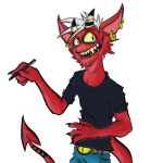  1:1 2021 alpha_channel clothed clothing damaged demon digital_drawing_(artwork) digital_media_(artwork) fangs front_view grin hair hi_res horn humanoid imp krolik long_tail looking_at_viewer male not_furry portrait pose red_body red_skin sharp_teeth signature smile smirk solo spade spade_tail standing teeth topwear yellow_eyes yellow_sclera 