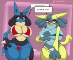  absurd_res anthro big_breasts bikini blush breasts clothing dialogue duo female hand_on_hip hi_res iamzavok lucario nintendo pok&eacute;mon pok&eacute;mon_(species) shiny_pok&eacute;mon swimwear under_boob video_games 