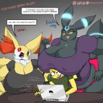  1:1 absurd_res anthro big_breasts boob_hat breasts cleavage clothed clothing computer delphox eeveelution english_text female group hi_res huge_breasts iamzavok laptop larger_female nintendo nipple_outline panties pichu pok&eacute;mon pok&eacute;mon_(species) shiny_pok&eacute;mon size_difference text trio umbreon underwear video_games 