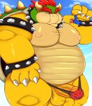  2021 anthro balls belly blush bowser clothing cloud duo genitals hat headgear headwear kemono koopa macro male mario mario_bros marumori0619 moobs nintendo nipples obese obese_male outside overweight overweight_male penis scalie shirt size_difference topwear underwear video_games yellow_body 