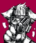  4_fingers anthro canid canine canis changed_(video_game) clothing coat dr._k_(changed) exepresso fingers fur gas_mask head_tuft hi_res lab_coat male mammal mask monochrome purple_background reaching_towards_viewer simple_background solo topwear tuft white_body white_fur wolf 