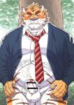 2021 anthro balls blush bodily_fluids censored clothing cum detailed_background ejaculation erection eyes_closed felid genital_fluids genitals hi_res humanoid_genitalia humanoid_hands humanoid_penis kemono male mammal necktie outside overweight overweight_male pantherine penis plant ryuta-h shirt solo sweat tears tiger topwear tree yellow_body 