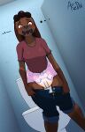 anthro arzdin bathroom blush bodily_fluids bottomwear brown_body brown_fur brown_hair canid canine canis clothed clothing denim denim_clothing desperation diaper domestic_dog embarrassed female floppy_ears front_view fur genital_fluids hair jeans june_(arzdin) mammal open_bottomwear open_clothing open_pants panicked pants pink_diaper public_restroom red_eyes restroom_stall shirt short_pants solo speechless spots topwear urine wet_diaper wetting wetting_diaper 